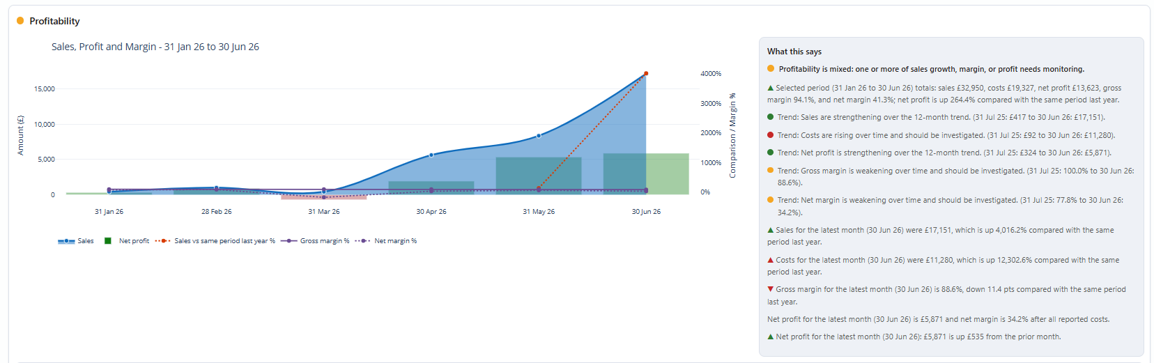 Profitability metric with plain-language commentary and trend